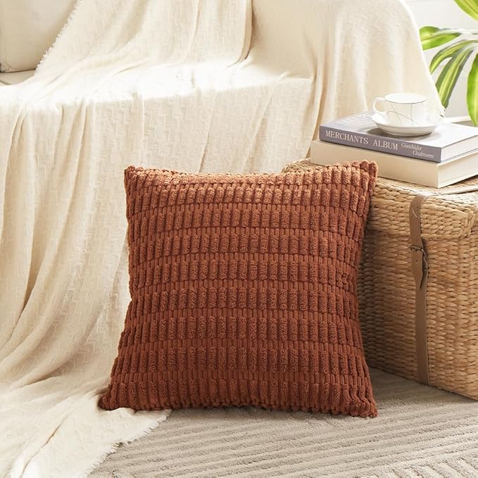 Fancy Homi 4 Packs Rust Decorative Throw Pillow Covers 22x22 Inch for Living Room Couch Bed Sofa, Terracotta Rustic Farmhouse Boho Home Decor, Soft Plush Striped Corduroy Square Cushion Case 55x55 cm