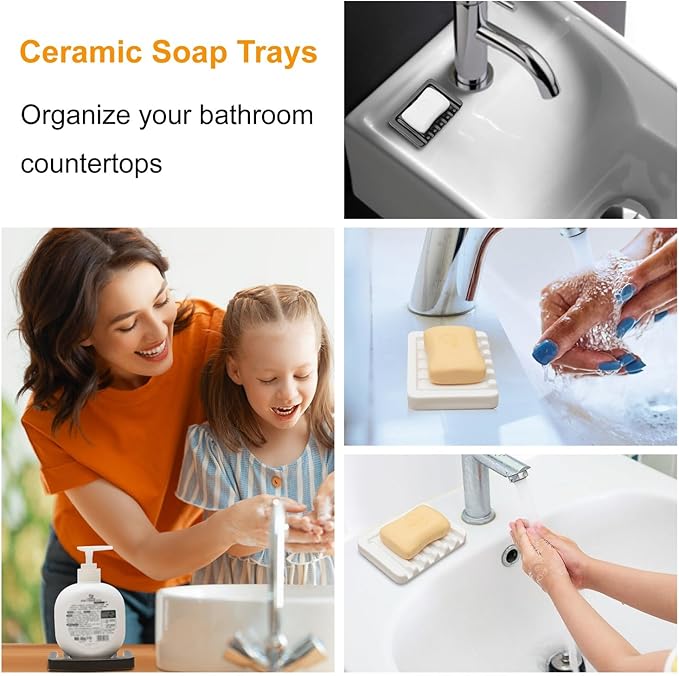 Self Draining Soap Dish, Ceramic Soap Holder for Shower, Vonpri Waterfall Bar Soap Case Saver Tray Sponge Organizer Keep Dry for Bathroom Kitchen Counter Sink (1, Black)