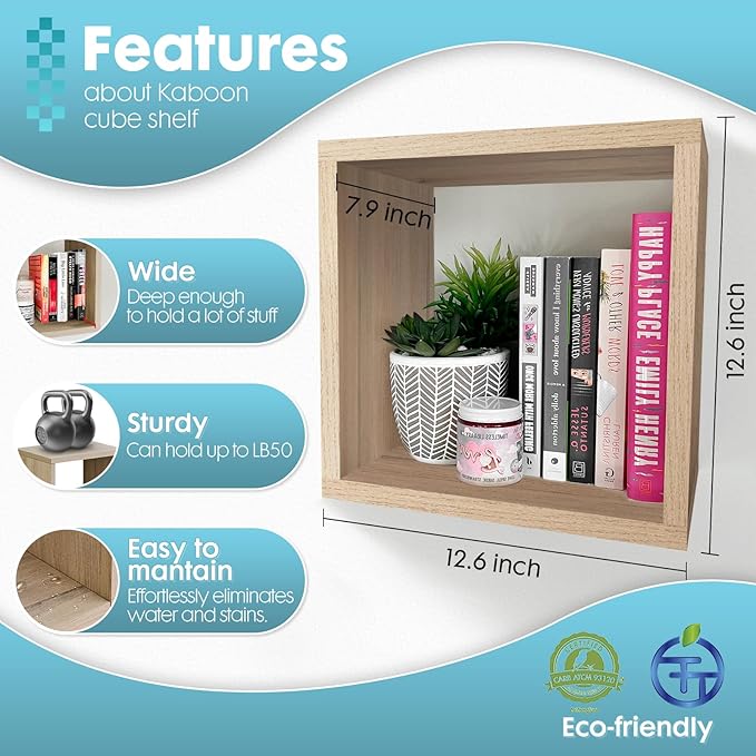 Kaboon Cube Floating Shelves Set2, Display Shelves Wall Mount 7.75" D x 12.5" W x 12.5" H, (Grey Oak, Square 2 Cubes)