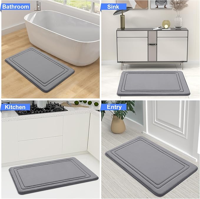 Grandaily Memory Foam Bath Mat Rug 24x16, Ultra Soft, Non-Slip and Absorbent Bathroom Rugs, Machine Wash Dry, Comfortable Bath Carpet for Bathroom Floor, Tub and Shower, Medium Grey