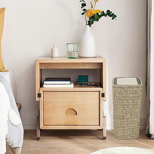 Boho Trash Can with Lid,3 Gallon Small Rattan Trash Can with Press Top Lid,Slim Wicker Waste Basket and Hamper 2 in 1 for Bathroom,Seagrass Woven Garbage Can Trash Basket for Bathroom,Kitchen