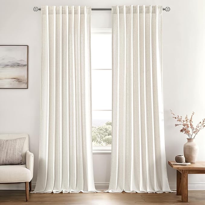 MIULEE Non-See-Through Privacy Linen Curtains 2 Panels, Light Filtering Window Curtains Farmhouse Textured Back Tab Semi Sheer Drapes for Bedroom Living Room, 52 x 96 Inches Long, Natural White
