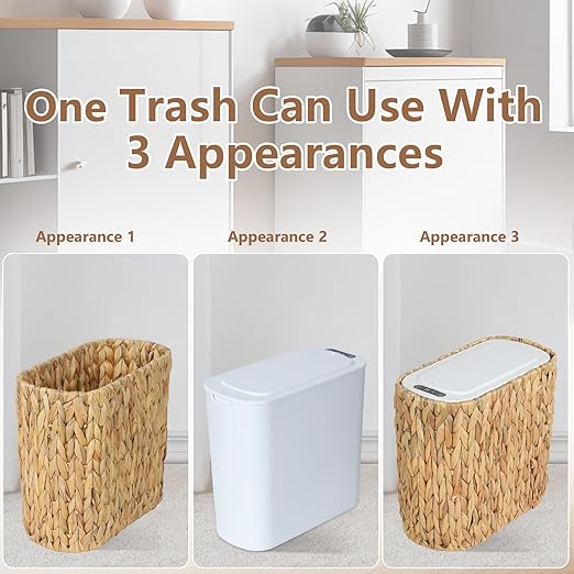 Boho Kitchen Trash Can with Lid,3.5 Gallon Automatic Small Rattan Trash Can,Slim Wicker Motion Sensor Garbage Can and Hamper 2 in 1 for Bathroom,Narrow Waste Basket for Office, Living Room