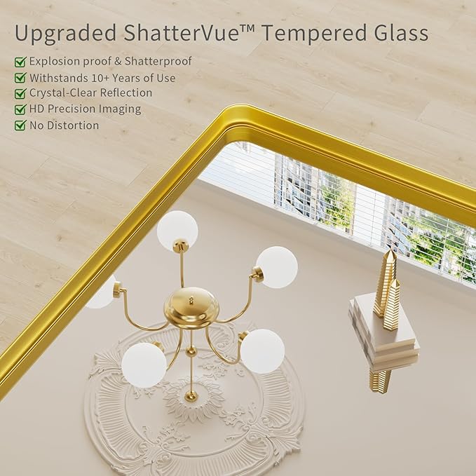 Koonmi Gold Bathroom Mirror for Wall, 30x71 Inch Matte Metal Deep Framed Rounded Corner Wall Mirror, Shatterproof Tempered Glass for Farmhouse Bedroom Entryway, Vertically or Horizontally