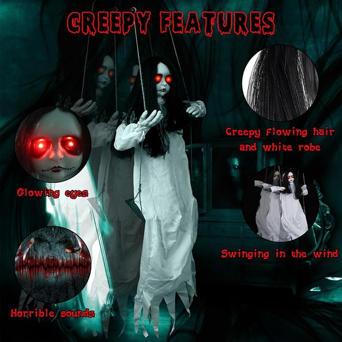 Scary Halloween Decorations Outdoor Hanging Swinging Girl with Sound & Slap Activated, Light Up Eyes Creepy Sound Expressions, Large Scary Halloween Decor Props for Indoor Outside