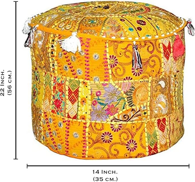 Aakriti Gallery Indian Pouf Footstool - Ethnic Embroidered Ottoman Pouf Cover, Cotton Round Pouffe - Yellow, 22x14