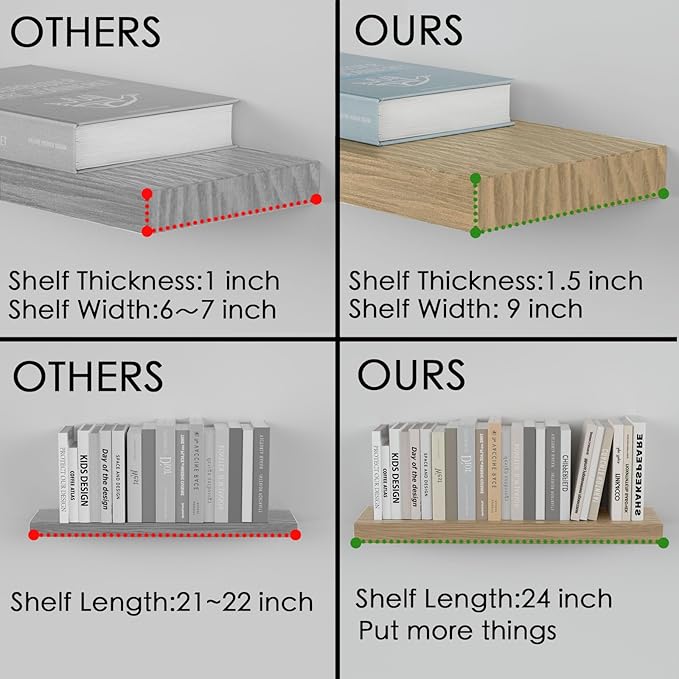 Floating Shelves for Wall - 24 x 9 Inch Natural Wood Shelves for Bathroom, Bedroom, Kitchen Decor, Farmhouse Decor Set of 2