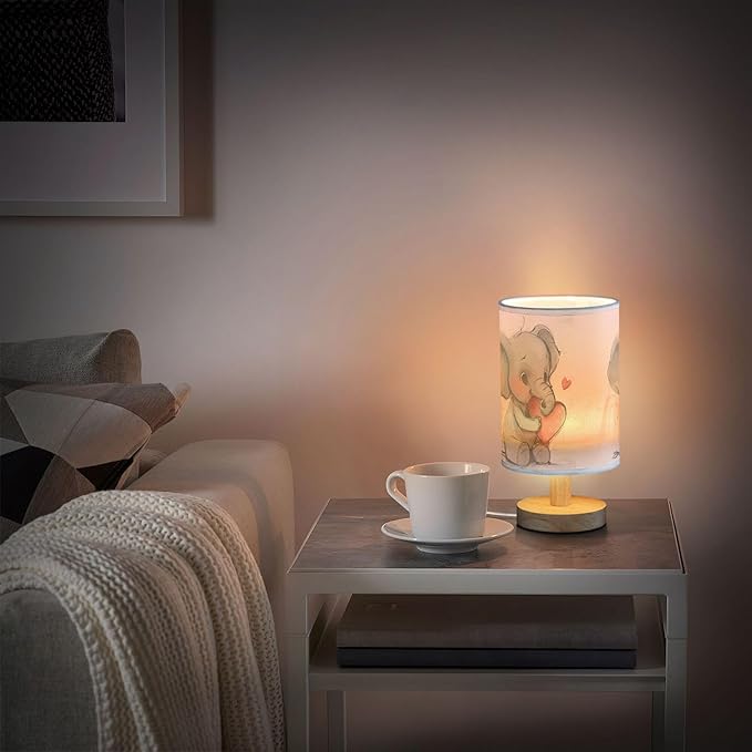 Table Lamp Elephant Love Heart Nightstand Lamp with Wood Base Fabric Lamp Shade Bedside Desk Lamp for Living Room Bedroom Kids Room Office