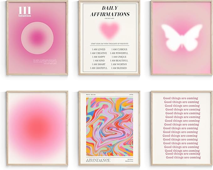 Habseligkeit Pink Wall Art Prints, Abstract Gradient Wall Posters, Buttefly Wall Art, Pink Room Decor for Aesthetic Bedroom 8x10inch, Unframed