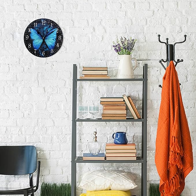 ALAZA Stylish 3D Blue Butterfly Round Wall Clock Battery Operated Quartz Galaxy Quiet Home Kitchen Decor Wall Clocks 10 Inch