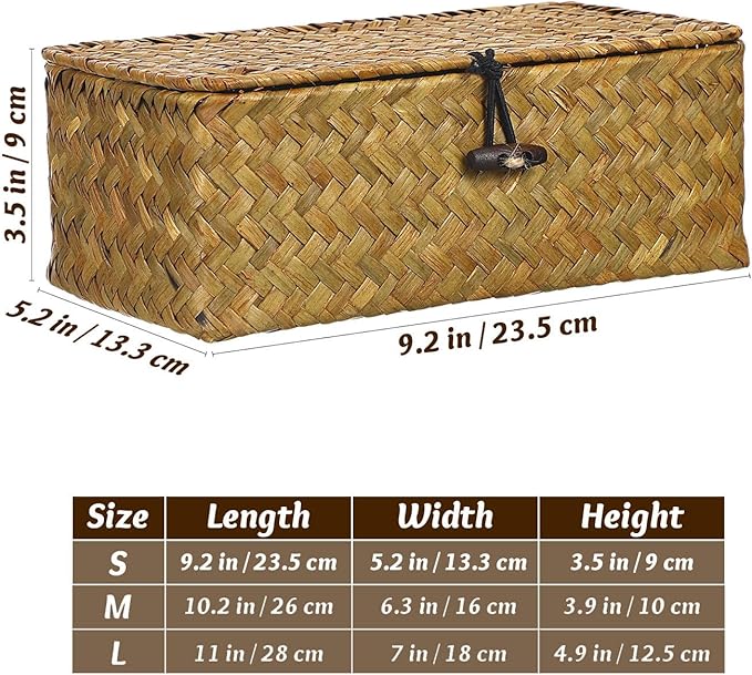 Seaweed Baskets with Lids: Seagrass Storage Woven Basket Straw Desktop Rattan 9 inch Hand- Woven Storage Basket Bins Container Organizer for Shelf Desktop Home Decor