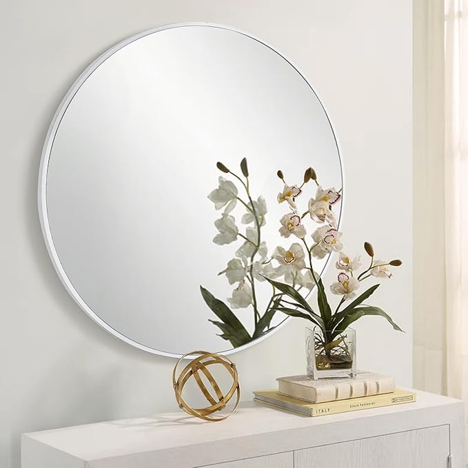 CULER Round White Bathroom 36 Inch Mirror,Circle Wall Modern Mirror for Bedroom,Hanging Vanity Tempered Glass Mirrors for Entryway or Living Room