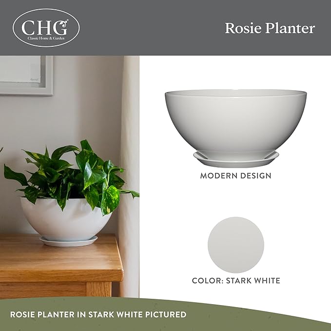 Classic Home and Garden Rosie Modern Planter w/Drainage - Contemporary Planter Bowls - Shallow Round Vases for Small Plants - Versatile Indoor & Outdoor Pots (10” Stark White)