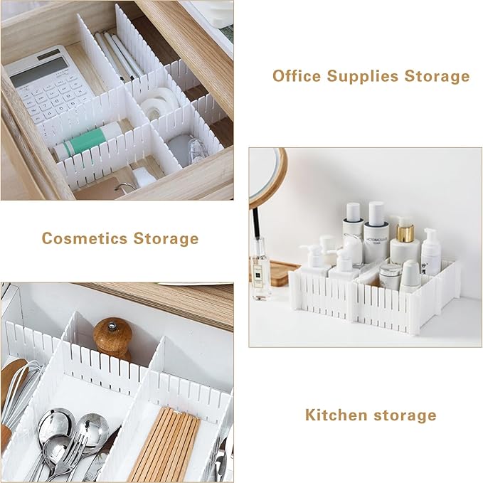 Drawer Divider Adjustable Diy Storage Organizer Separator for Tidying Clutter Cutlery Underwear Socks Clothes Dresses Desk & Box in Kitchen Bathroom Bedroom Office (Cut at Will) (White 16pcs)