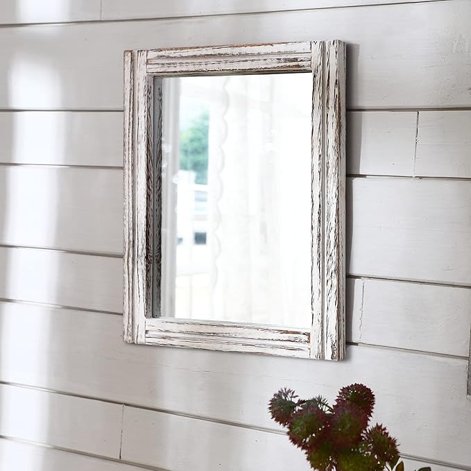 AAZZKANG Rustic Wall Mirror Rectangle Wood Framed Mirrors Large 20"x16" Decorative for Bedroom Bathroom Living Room Farmhouse Home Entryway Hanging White