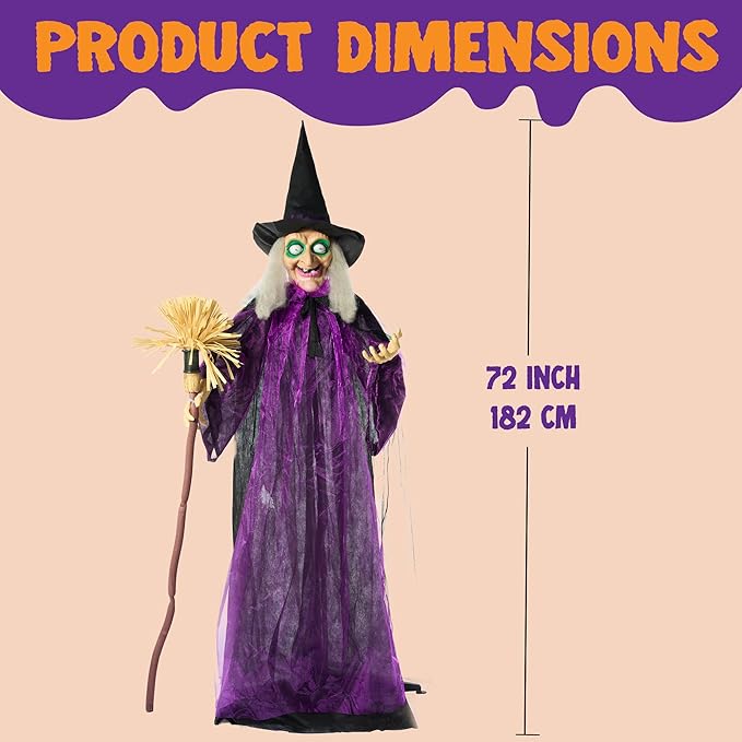 JOYIN 72" Outdoor Halloween Decorations Witch Life Size Animated with LED Eyes and Creepy Sound, Radar Motion Activated Animatronics Clearance for Haunted House Decor Lawn Yard Patio