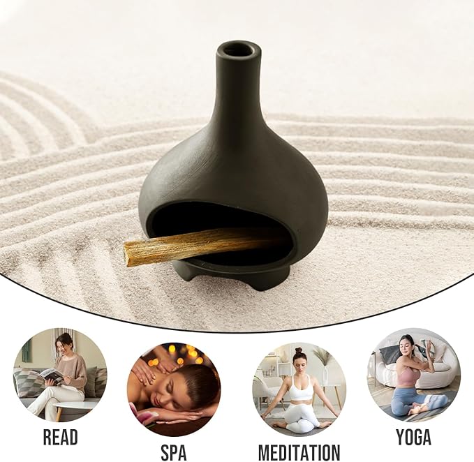 Palo Santo Holder Handmade Ceramics Incense Burner Chimney Dish Smudge Bowl for Palo Santo Sticks Sage Bundles with Brush(Brown) (Furnace Gray)