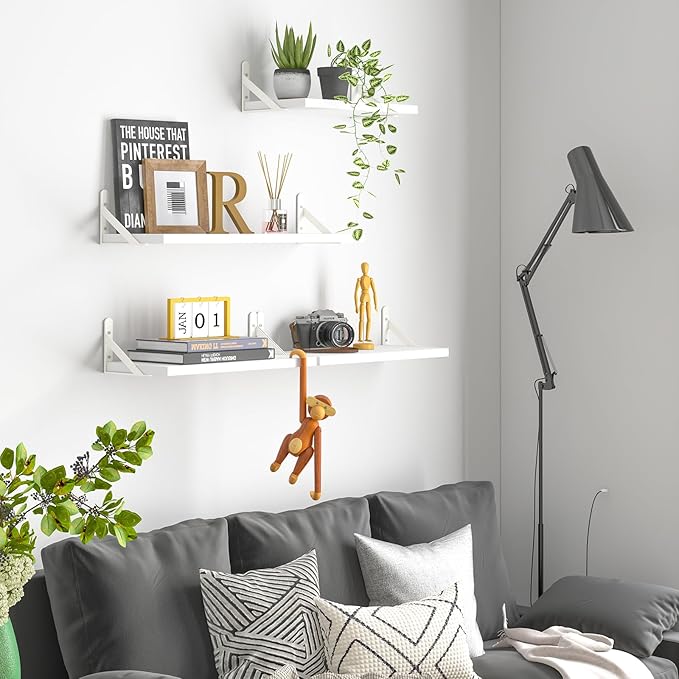 YGEOMER Floating Shelves for Wall, Different Sizes White Wall Shelves for Living Room, Bathroom, Bedroom, Kitchen, Home Decor (Set of 4)