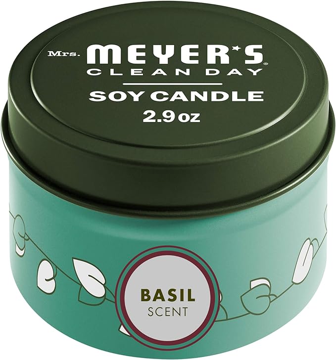 MRS. MEYER'S CLEAN DAY Soy Tin Candle, 12 Hour Burn Time, Made with Soy Wax and Essential Oils, Basil, 2.9 oz
