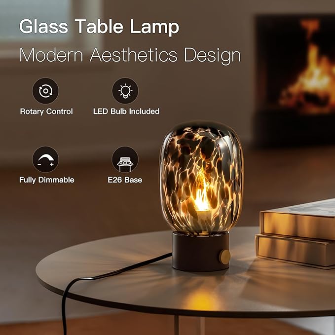 ONEWISH Nightstand Table Lamp,Small Vintage Desk Lamp with Bulb,Bedside Lamp Translucent Glass Stepless Dimmable,Murano Aesthetic Home Decor for Bedroom Living Room Kitchen
