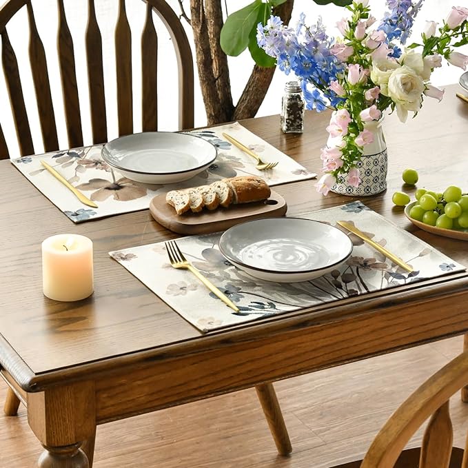 Artoid Mode Brown Poppy Floral Leaves Fall Placemats Set of 4, 12x18 Inch Seasonal Spring Table Mats for Party Kitchen Dining Decoration