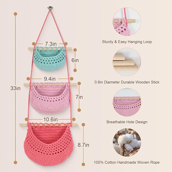 Hanging Baskets for Organizing, 3 Tier Detachable Wall Hanging Fruit Basket Over the Door Organizer for Vegetable Plant, Blue Pink Boho Cotton Crocheted Fruit Holder for Kitchen Bathroom Bedroom