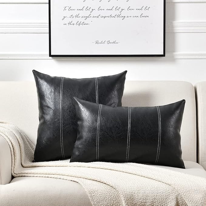Fancy Homi 2 Packs Black Lumbar Faux Leather Decorative Throw Pillow Covers 12x20 Inch for Living Room Couch Bed Sofa, Boho Farmhouse Home Decor, Hand Stitched Rectangle Cushion Case 30x50 cm