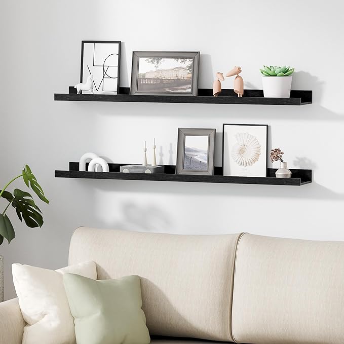 upsimples Floating Shelves for Wall, Wall Shelves for Decor Storage Set of 6, Wall Mounted Wood Shelves for Bedroom, Living Room, Bathroom, Kitchen, 35.5 inch Long Picture Ledge Shelves, Black