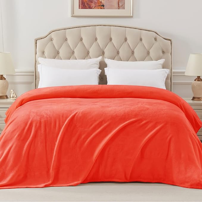 Exclusivo Mezcla Fleece Blanket Twin Size for Bed, Super Soft and Warm, All Season Use, Cozy, Plush, Lightweight, 90x66 Inches, Coral Orange