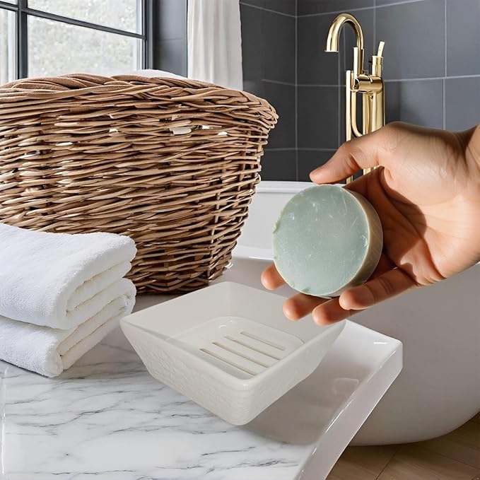 Ceramic Soap Dish, Vonpri Soap Holder Tray, Non-Slip Square Soapbox Container for Handmade Bar Bathroom Sink, Countertop, Shower Stone Texture (White)