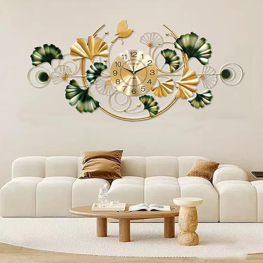 Large Wall Clock for Living Room, 3D 47 Inch Metal Ginkgo Leaf Wall Decor, Boho Silent Non-Ticking Hanging Wall Clocks, Decorative Big Wall Clock, for Bedroom Dining Room Office (47.2X20.9In)