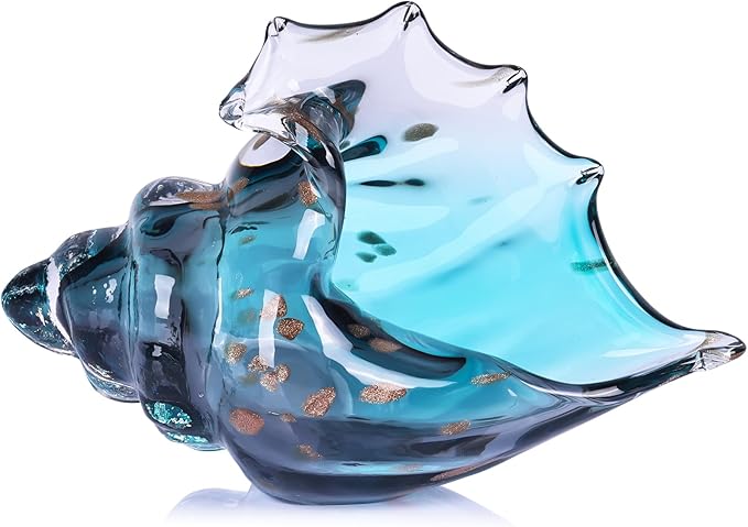 Sea Glass Art Figurines Hand Blown Conch Shell Sculpture, Green Glass Decor Creative Seashell Statue - for Coastal Room Knick Knacks, Home Kitchen Decorations Above Cabinets