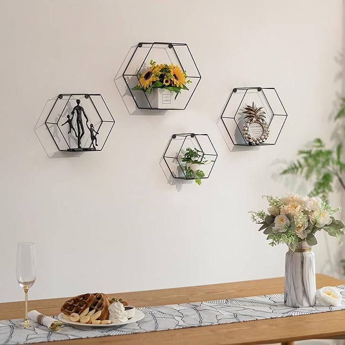Hexagon Shelves Black Metal - Floating Geometric Hexagon Shelf Wall Mount - Plant Shelves Hexagonal Decor Set of 4