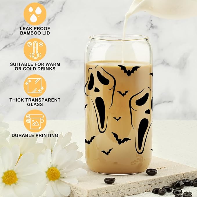 Gifts for Her, Halloween Friend Gifts, Fall Gifts, Halloween Coworker Ghost Bats Can Cup, Halloween Cup Gift for Family, Iced Coffee Cup, Spooky Season Mug, 16 Oz Glass Cup with Bamboo Lid & Straw