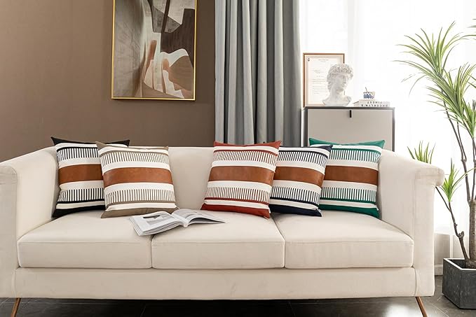 Boho Stripe Throw Pillow Cover 20x20 Decorative Couch Pillow Case,Faux Leather Modern Accent Cushion Cover for Sofa Bed Chair- Rustic Farmhouse Decor, Navy Blue