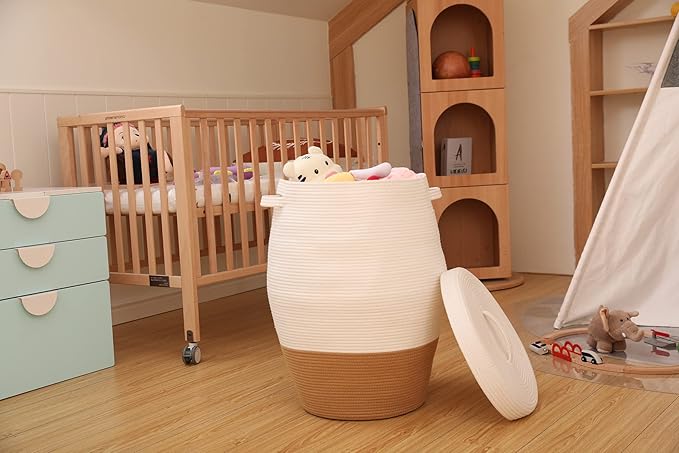 26" x 20" Tall Extra Large Storage Basket with Lid, Cotton Rope Storage Baskets, Woven Laundry Hamper with Cover, Cloth Storage Bin, for Clothes Towels Blanket in Living Room, White/Camel Bottom