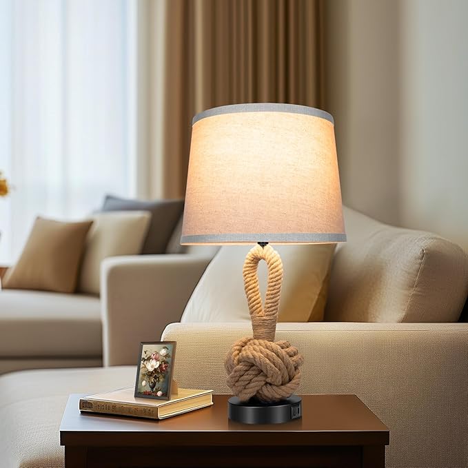 22" Rope Lamps for Night Stands, Bedside Lamps Set of 2, Boho Table Lamps for Living Room End Tables, 3-Color Temperatures Boho Lamp with Rotary Switch, Rattan Lamp with USB Ports, Bulbs Included