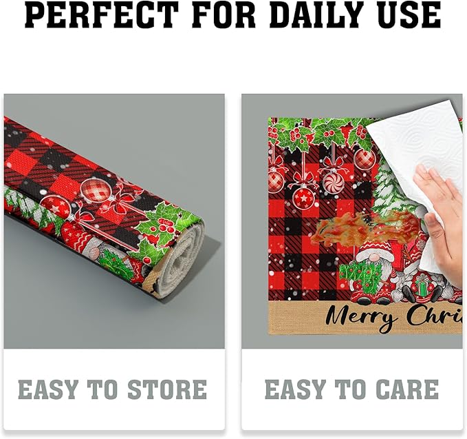 Winter Placemats Set of 4, 12 x 18 Inch Xmas Tree Gnome Truck Dining Table Mats Red Black Buffalo Plaid Rectangle Tabletop Decor for Holiday Seasonal Dining Party