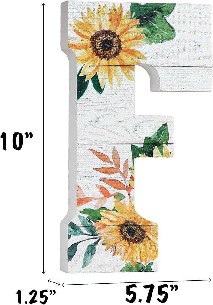 COLLECTIVE HOME - 10" Wood Lettes for Wall Decor, Sunflower Tabletop Alphabet Decoration, DIY Farmhouse Decor, Rustic Freestanding Monogram Block (F)