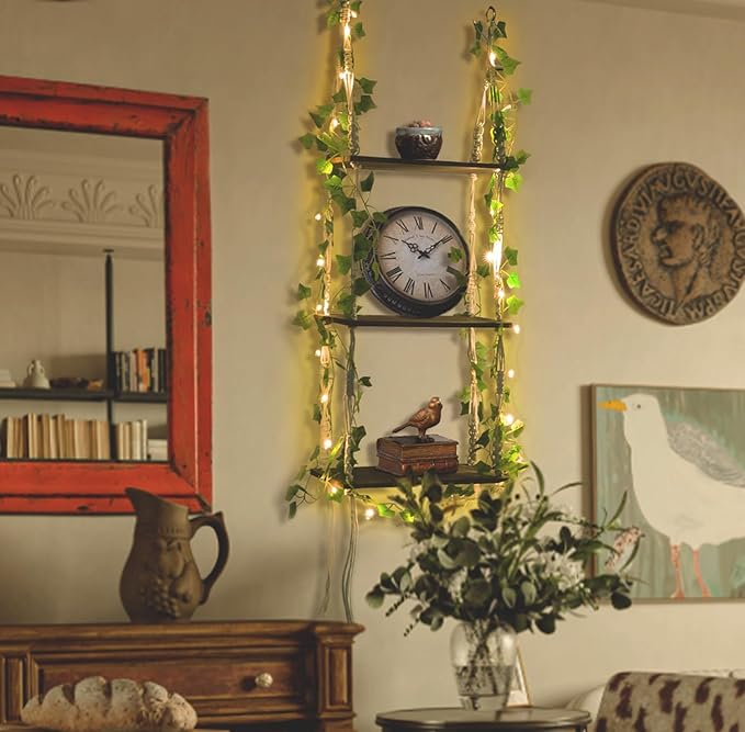 WOOD MEETS COLOR 3 Tier Macrame Wall Hanging Shelves with Artificial Ivy Leaves,Boho Room Decor Handmade Cotton Rope,Wooden Hanging Storage Floating Shelves for Small Plants,Living Room Bedroom