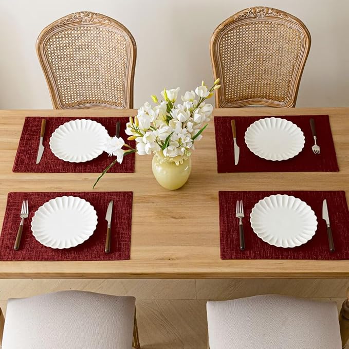 Christmas Placemats Set of 4, Bilayer Thickened Linen Place Mats Heat Resistant Machine Washable Wrinkle Free Carefully Selected Polyester Mats for Kitchen/Dining/Coffee Table (Deep Red)