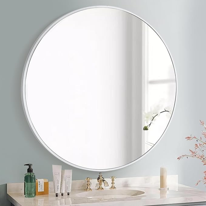 CULER Round White Bathroom 36 Inch Mirror,Circle Wall Modern Mirror for Bedroom,Hanging Vanity Tempered Glass Mirrors for Entryway or Living Room