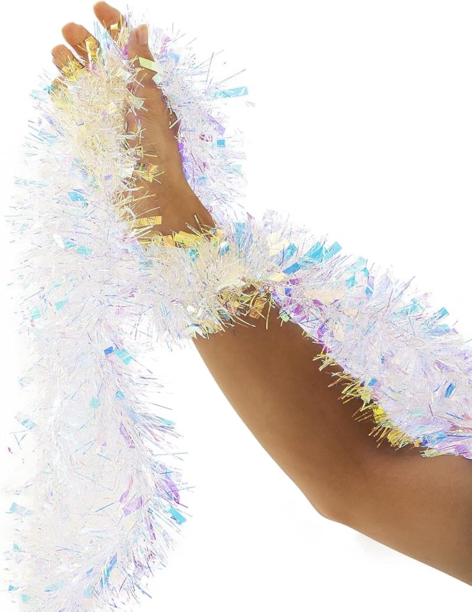 26.2 Feet Iridescent White Holiday Tinsel Garland for Christmas, Birthday, Weddings, Party Decorations, Xmas Foil Tinsel Garland for All-Season Home Indoor Outdoor Party Supplies(Iridescent White)