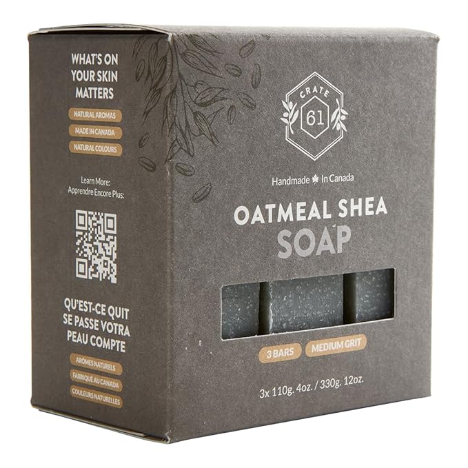 Handmade in Canada, Plant Based Cold Process Natural Bar Soap For Face & Body, w/Premium Essential Oils, For Men & Women 3 Pack (Oatmeal Shea (Unscented))