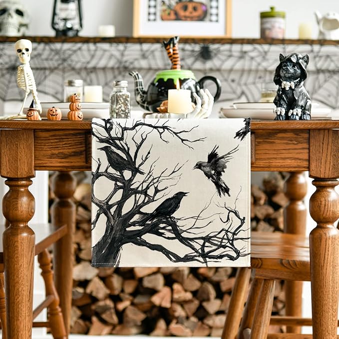 Artoid Mode Silhouette Tree Crows Halloween Table Runner, Branches Fall Kitchen Dining Table Decoration for Outdoor Home Party 13x48 Inch