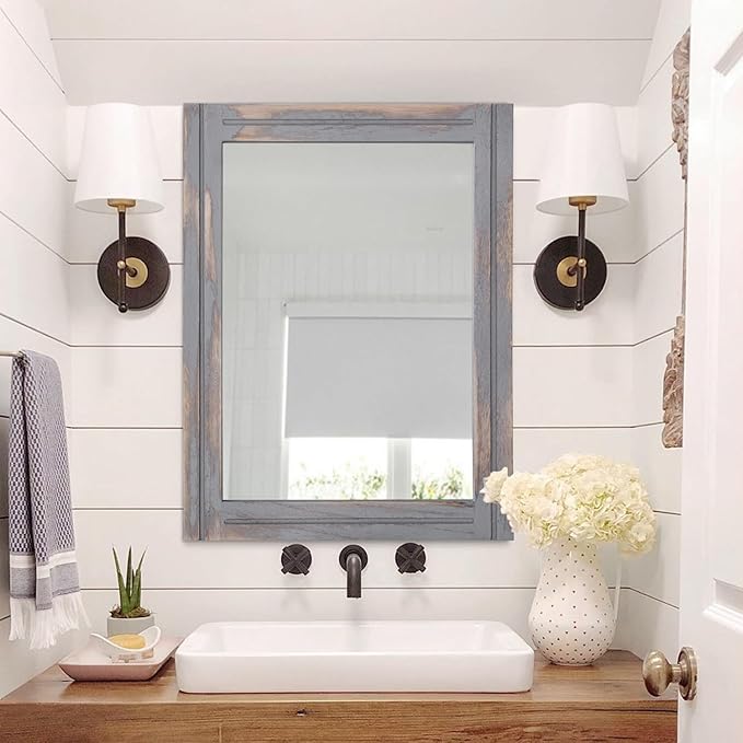 AAZZKANG Wood Framed Mirror Rectangular Rustic Wall Mirrors Decorative Large 28"x20" for Farmhouse Bathroom Living Room Bedroom Grey