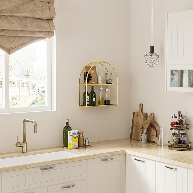 Crofy Gold Arched Frame Wall Shelf, Decorative 2 Tier Bathroom Wall Shelf with Walnut Finish Shelves and Robust Storage Capacity, 6" D x 17.9" W x 19.18" H