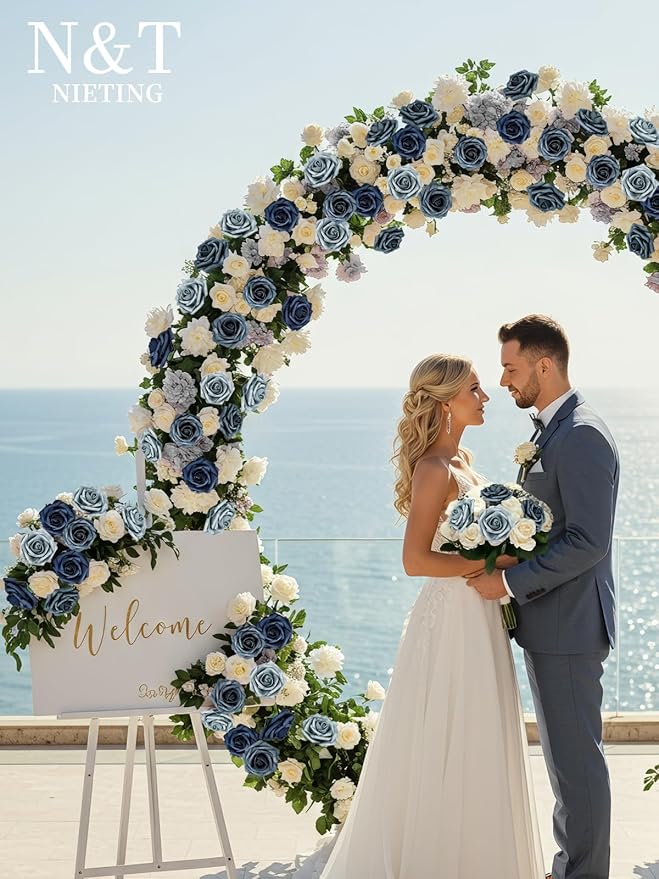 N&T NIETING Dusty Blue Fake Roses,50pcs Artificial Flowers Faux Flowers Fake Flowers for DIY Wedding Bouquets Centerpieces Floral Arrangements Home Decorations Shades of Navy Blue