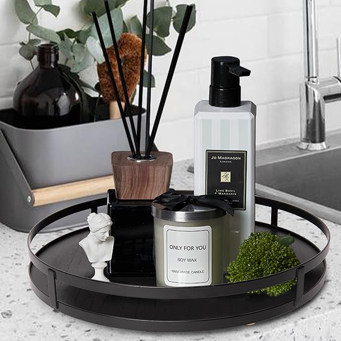 Defined Deco 12in Decorative Tray-Round Serving Tray with Metal Handle-Black Decorative Tray for Home Decor,Living Room Decor,Coffee Table Decor,Rustic Wooden Tray for Kitchen Table Decor,Dining Table