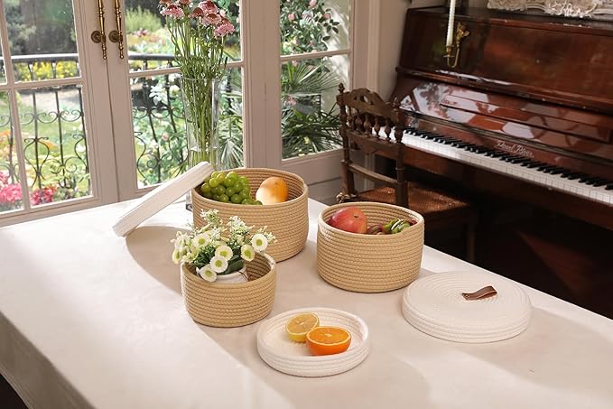 Cottonphant Set of 3 Stylish Round Woven Baskets with Lids - Elegant Storage Solution for Home Decor and Organization - Compact Shelf Baskets (Beige/White Lid, 10"x6"-8"x5"-6"x4")
